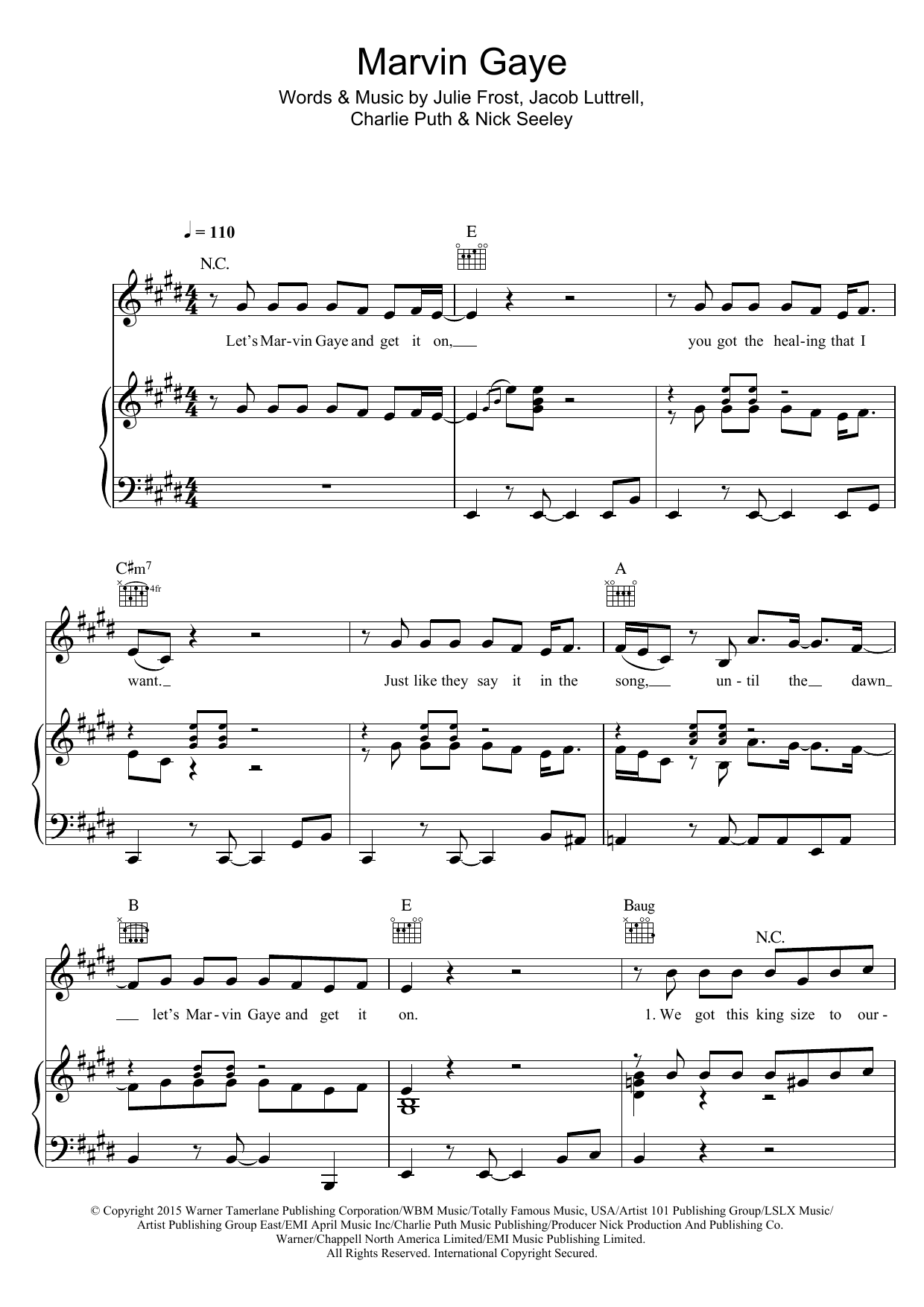 Charlie Puth Marvin Gaye (featuring Meghan Trainor) Sheet Music Notes & Chords for Piano, Vocal & Guitar (Right-Hand Melody) - Download or Print PDF