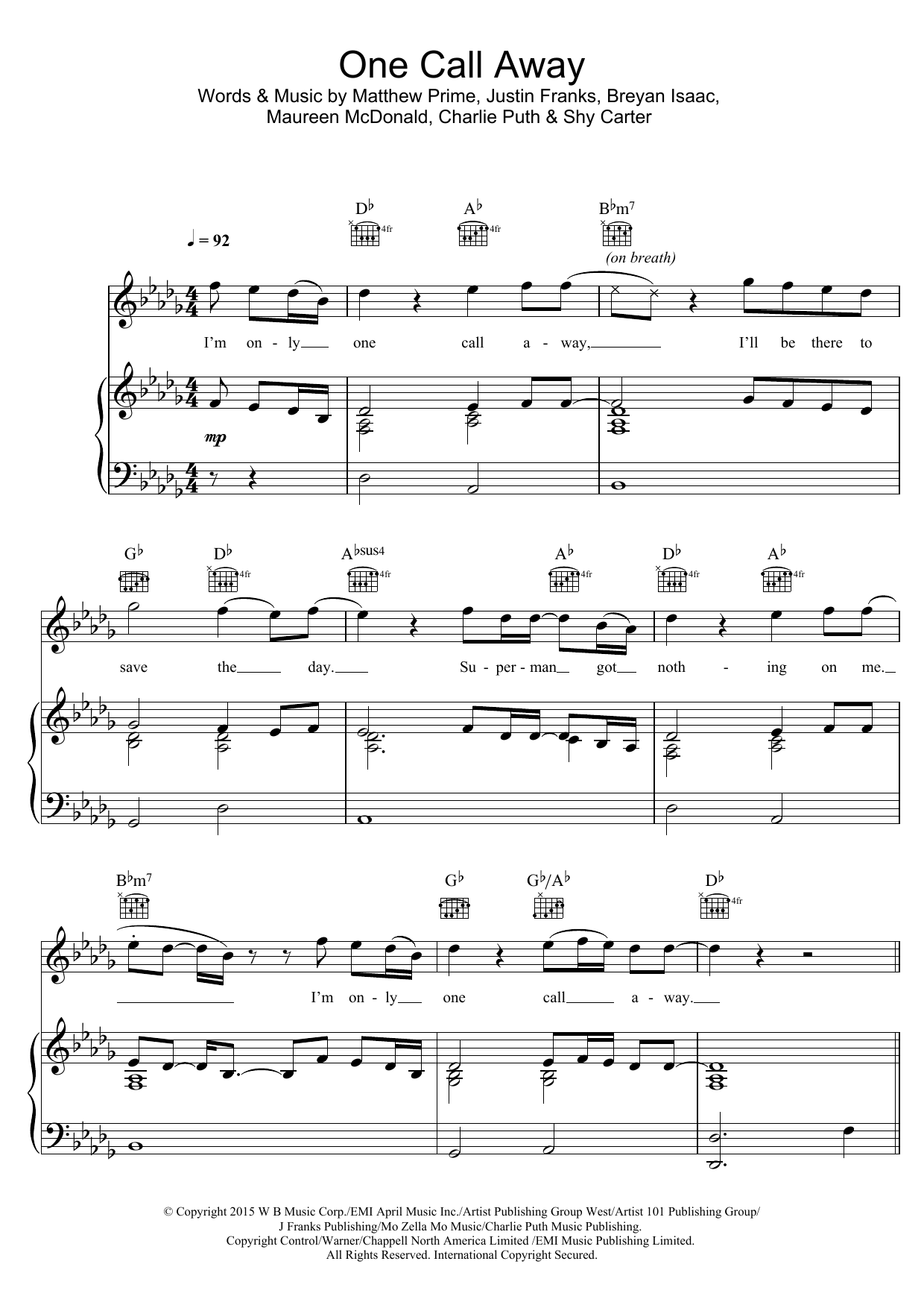 Charlie Puth One Call Away Sheet Music Notes & Chords for Piano (Big Notes) - Download or Print PDF