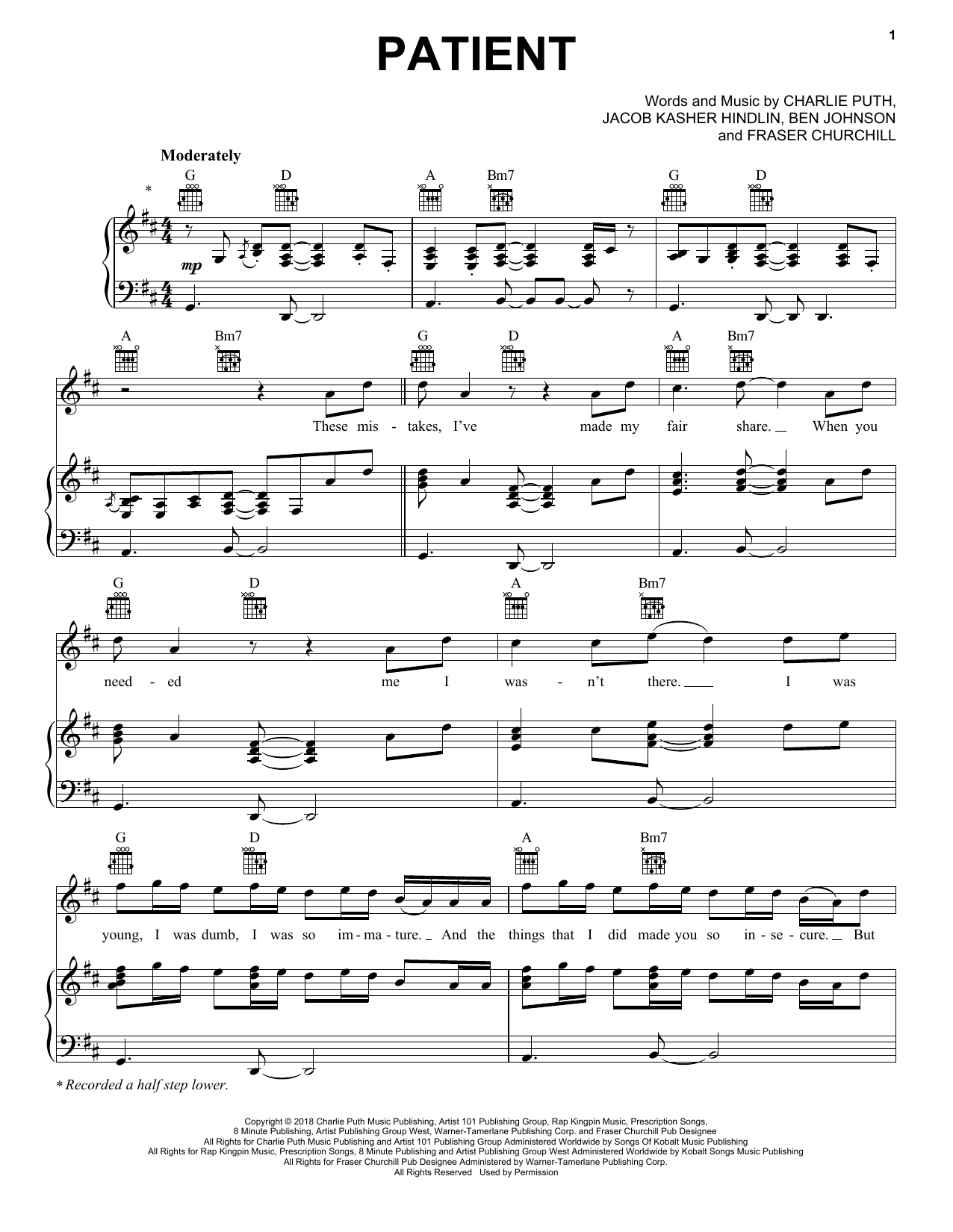 Charlie Puth Patient Sheet Music Notes & Chords for Piano, Vocal & Guitar (Right-Hand Melody) - Download or Print PDF
