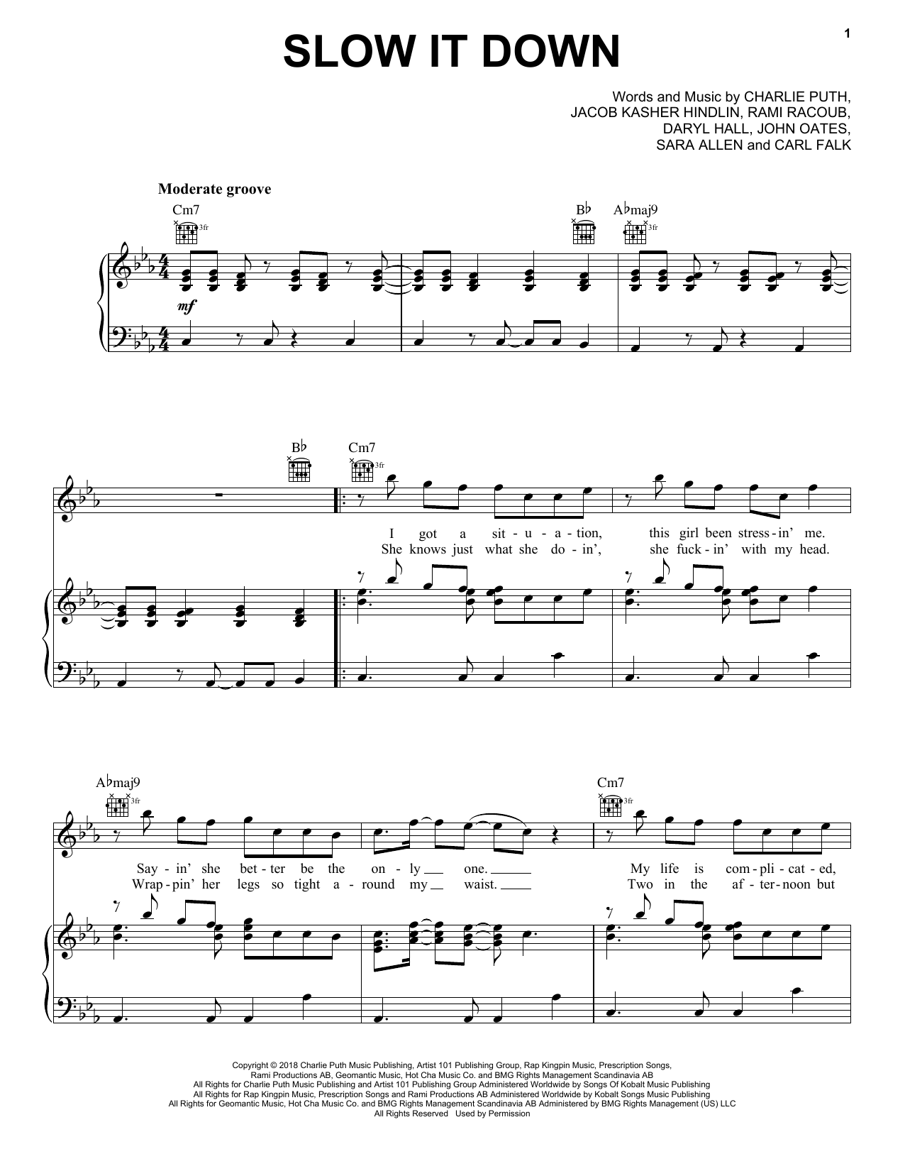 Charlie Puth Slow It Down Sheet Music Notes & Chords for Piano, Vocal & Guitar (Right-Hand Melody) - Download or Print PDF