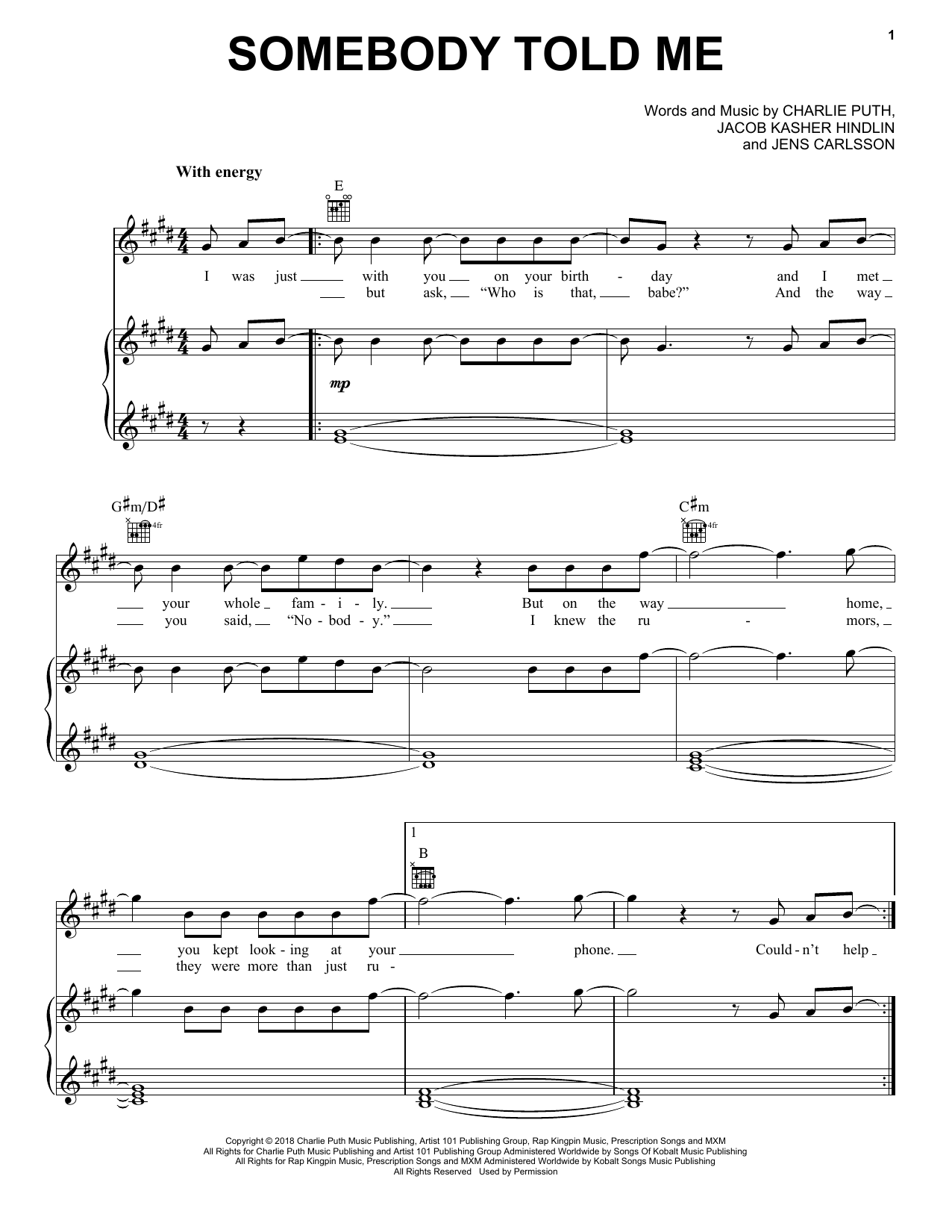 Charlie Puth Somebody Told Me Sheet Music Notes & Chords for Piano, Vocal & Guitar (Right-Hand Melody) - Download or Print PDF