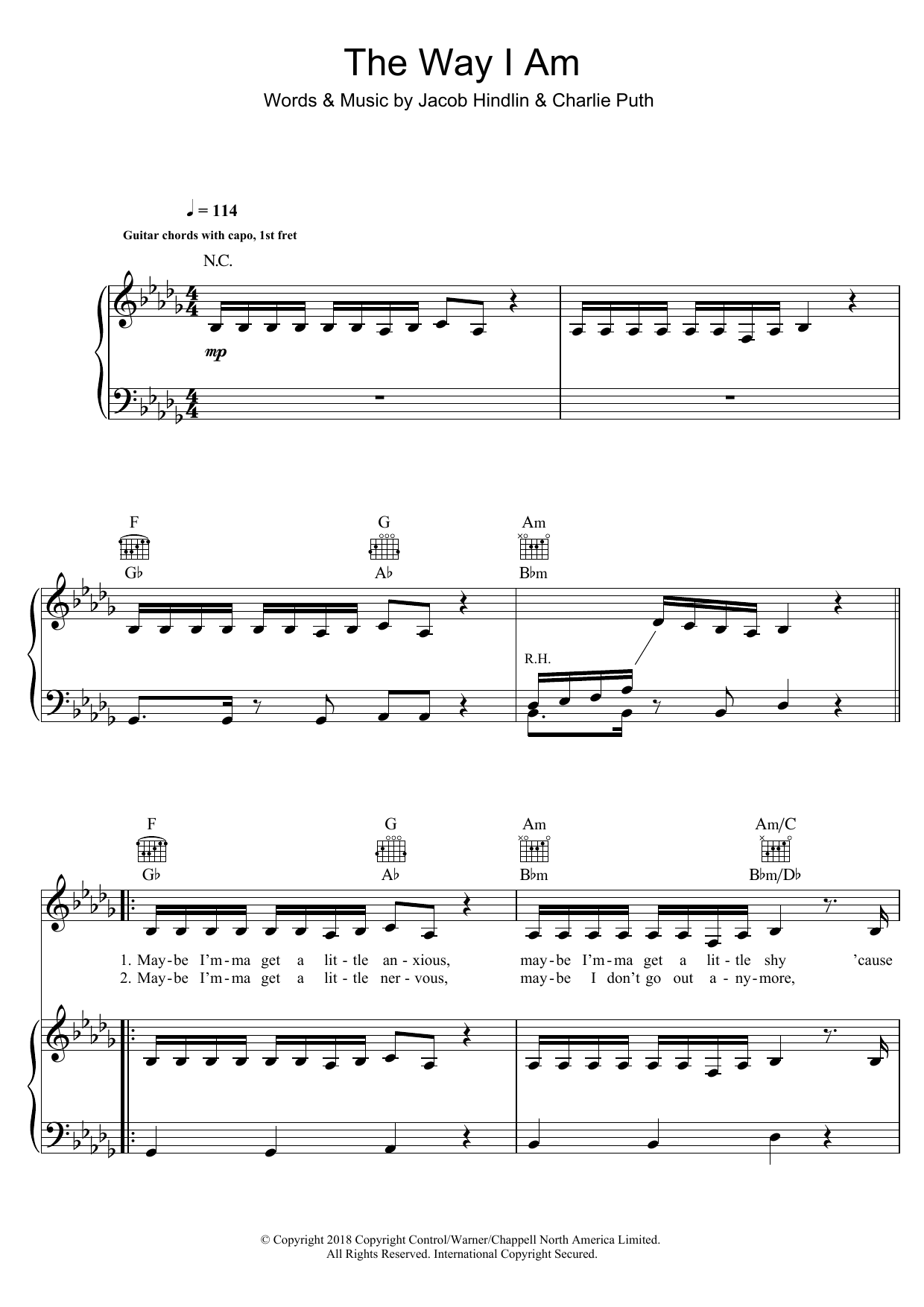 Charlie Puth The Way I Am Sheet Music Notes & Chords for Piano, Vocal & Guitar (Right-Hand Melody) - Download or Print PDF