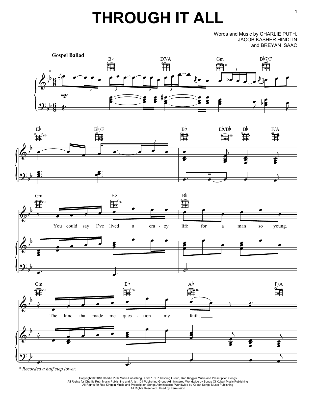 Charlie Puth Through It All Sheet Music Notes & Chords for Piano, Vocal & Guitar (Right-Hand Melody) - Download or Print PDF