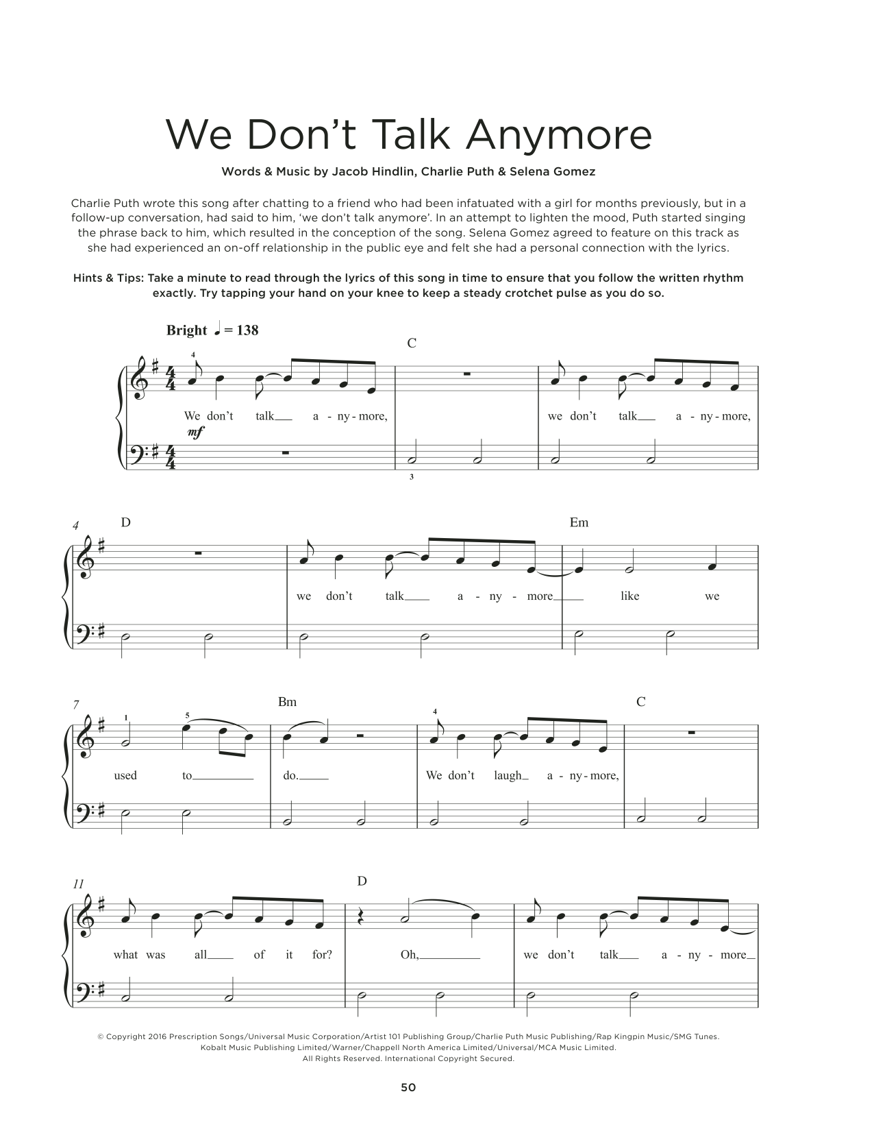 Charlie Puth We Don't Talk Anymore (feat. Selena Gomez) Sheet Music Notes & Chords for Beginner Piano - Download or Print PDF