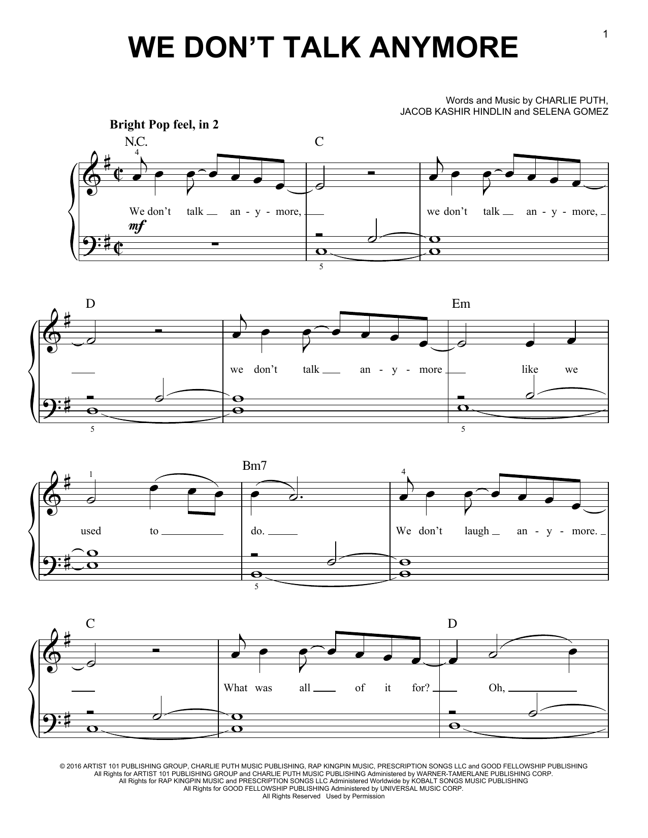 Charlie Puth We Don't Talk Anymore (feat. Selena Gomez) Sheet Music Notes & Chords for Beginner Piano - Download or Print PDF