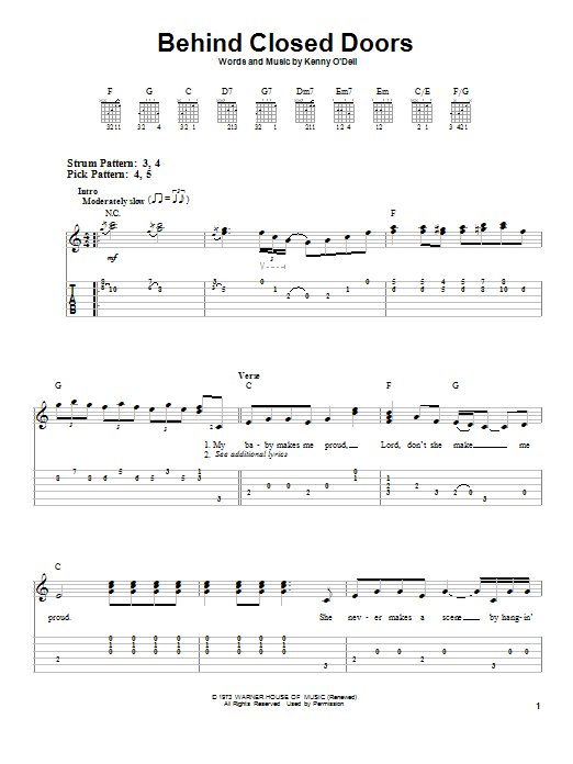 Charlie Rich Behind Closed Doors Sheet Music Notes & Chords for Easy Guitar Tab - Download or Print PDF