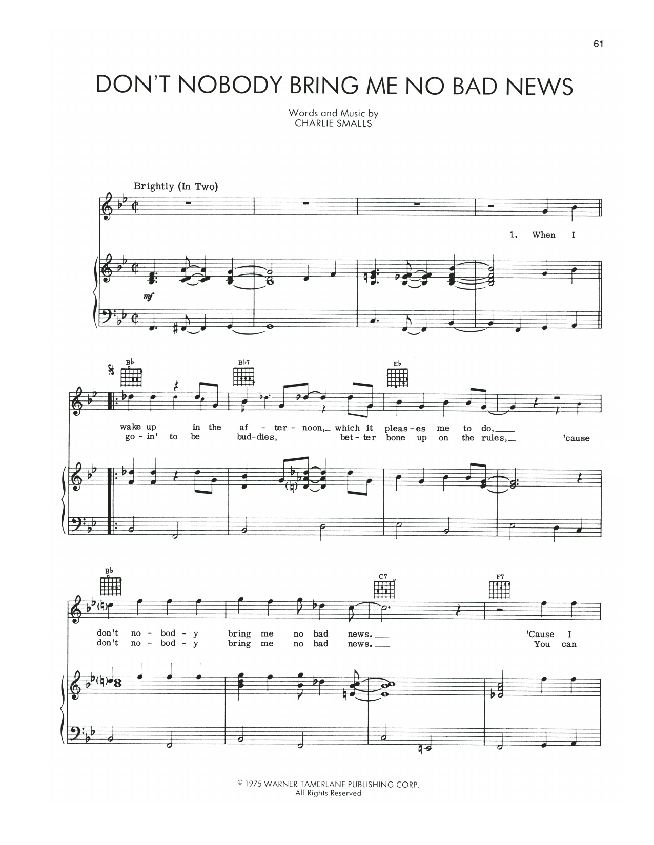 Charlie Smalls Don't Nobody Bring Me No Bad News (from The Wiz) Sheet Music Notes & Chords for Piano, Vocal & Guitar Chords (Right-Hand Melody) - Download or Print PDF