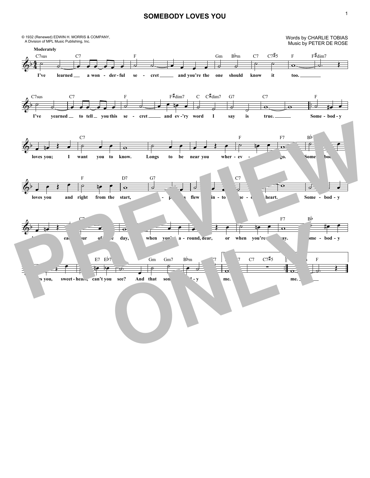 Charlie Tobias and Peter De Rose Somebody Loves You Sheet Music Notes & Chords for Lead Sheet / Fake Book - Download or Print PDF