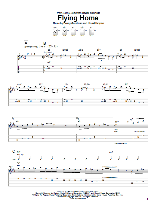 Preview Charlie Christian Flying Home Country sheet music, notes and chords for Guitar Tab, SKU: 23720 sheet music, piano notes, chords, guitar tabs, score, transpose, transcribe, how to play, guide, download, learn, tutorial, progression, song, artist, awards, billboard, mtv, vh1, tour, single, album, release