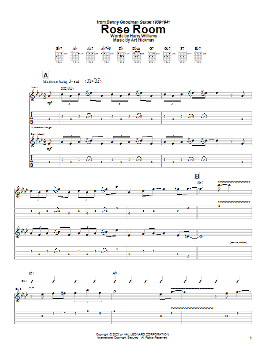 Preview Charlie Christian Rose Room World sheet music, notes and chords for Guitar Tab, SKU: 23722 sheet music, piano notes, chords, guitar tabs, score, transpose, transcribe, how to play, guide, download, learn, tutorial, progression, song, artist, awards, billboard, mtv, vh1, tour, single, album, release