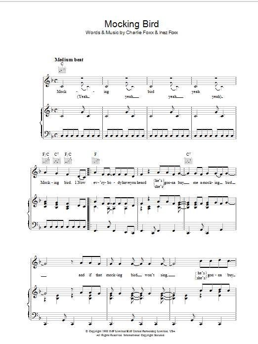 Preview Charlie Foxx Mocking Bird Pop sheet music, notes and chords for Piano, Vocal & Guitar (Right-Hand Melody), SKU: 37338 Mocking Bird sheet music