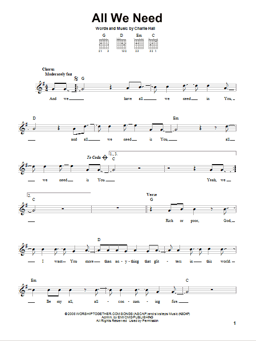 Preview Charlie Hall All We Need Pop sheet music, notes and chords for Easy Guitar, SKU: 76228 All We Need sheet music