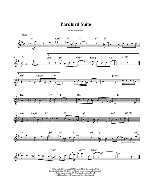 Preview Charlie Parker Yardbird Suite Jazz sheet music, notes and chords for Melody Line & Chords, SKU: 14245 Yardbird Suite sheet music