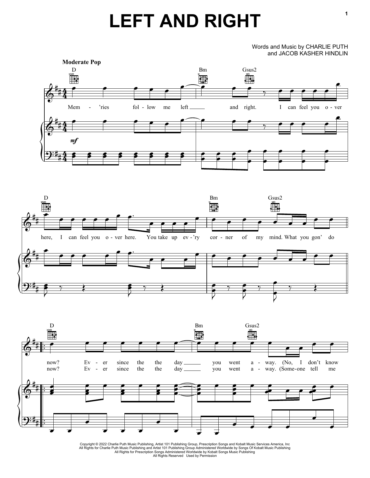 Preview Charlie Puth Left And Right (feat. Jung Kook of BTS) Pop sheet music, notes and chords for Piano, Vocal & Guitar Chords (Right-Hand Melody), SKU: 1148040 Left And Right (feat. Jung Kook of BTS) sheet music