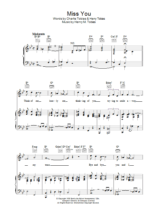 Preview Charlie Tobias Miss You Pop sheet music, notes and chords for Piano, Vocal & Guitar (Right-Hand Melody), SKU: 37455 Miss You sheet music