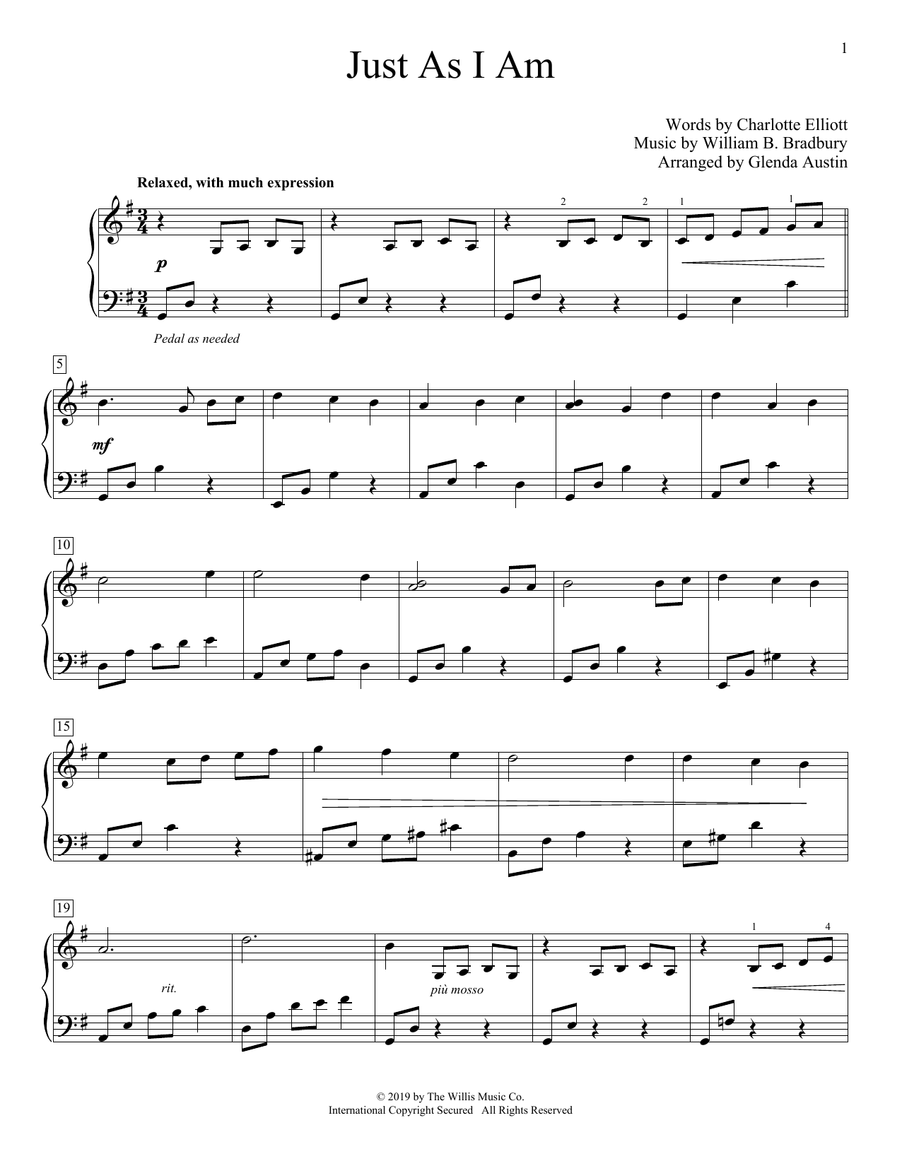 Charlotte Elliott Just As I Am (arr. Glenda Austin) Sheet Music Notes & Chords for Educational Piano - Download or Print PDF