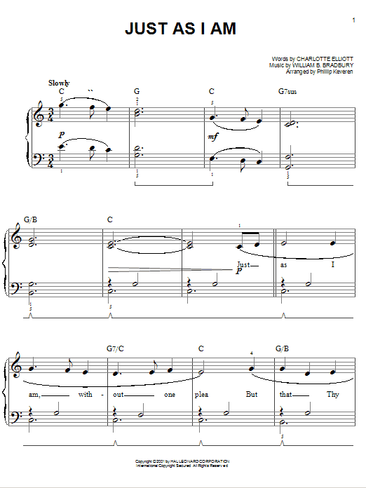 Charlotte Elliott Just As I Am Sheet Music Notes & Chords for Easy Piano - Download or Print PDF