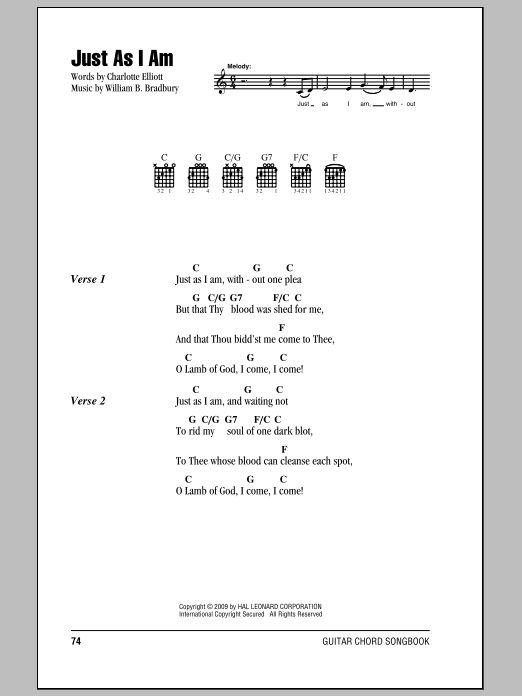 Charlotte Elliott Just As I Am Sheet Music Notes & Chords for Lyrics & Chords - Download or Print PDF
