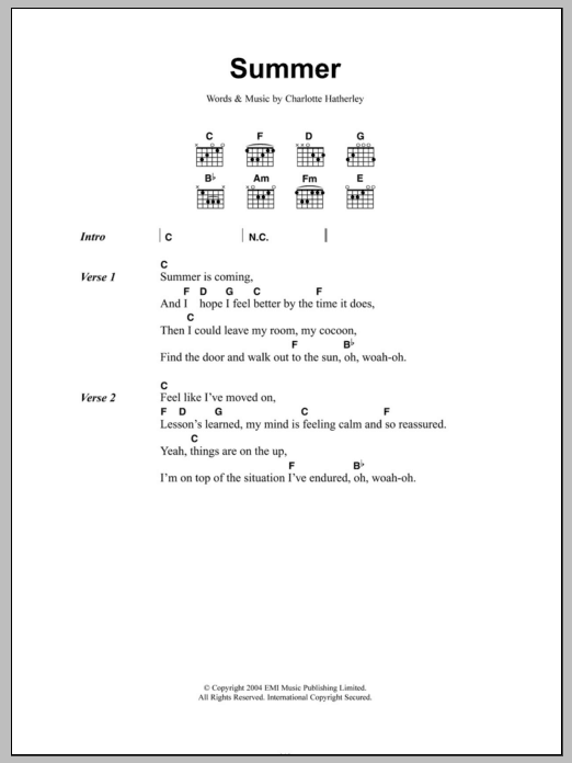 Charlotte Hatherley Summer Sheet Music Notes & Chords for Lyrics & Chords - Download or Print PDF