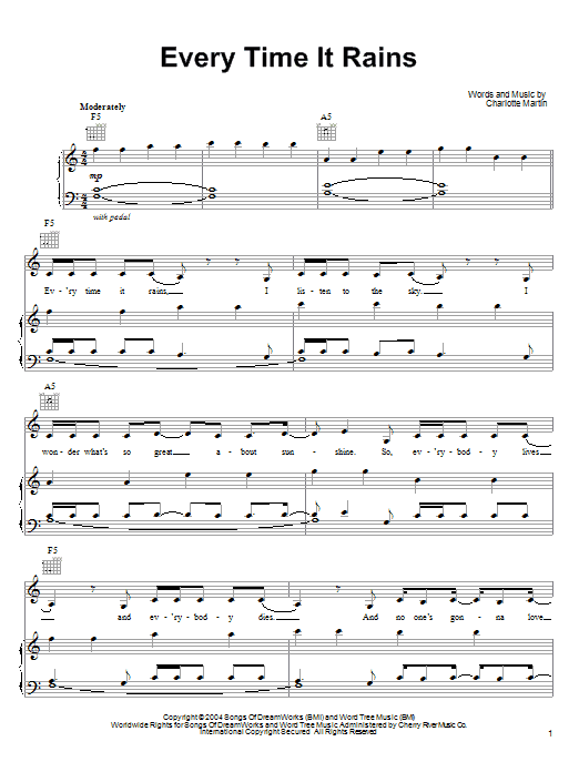 Charlotte Martin Every Time It Rains Sheet Music Notes & Chords for Piano, Vocal & Guitar (Right-Hand Melody) - Download or Print PDF