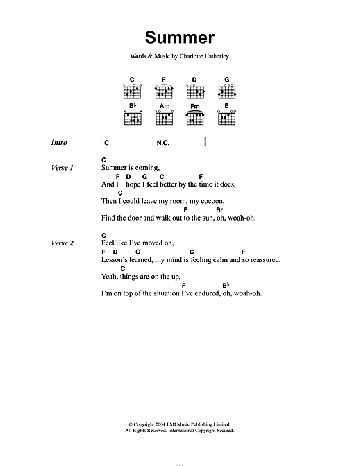 Charlotte Hatherley Summer Sheet Music Notes & Chords for Lyrics & Chords - Download or Print PDF