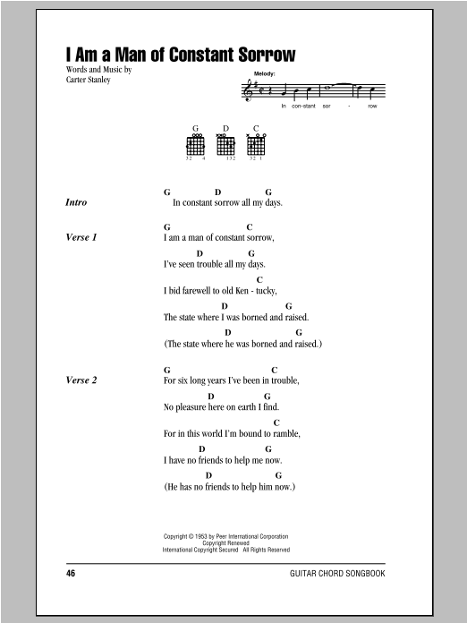 Charm City Devils I Am A Man Of Constant Sorrow Sheet Music Notes & Chords for Lyrics & Chords - Download or Print PDF