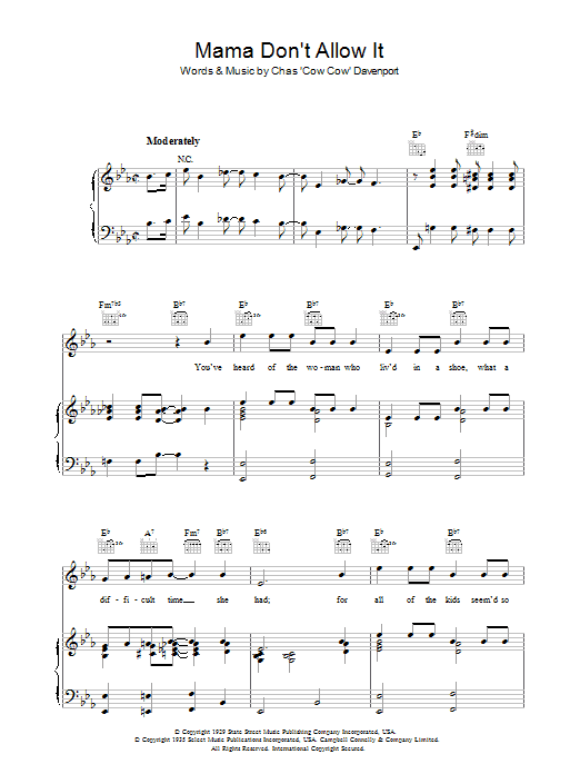 Chas 'Cow Cow' Davenport Mama Don't Allow It Sheet Music Notes & Chords for Piano, Vocal & Guitar (Right-Hand Melody) - Download or Print PDF