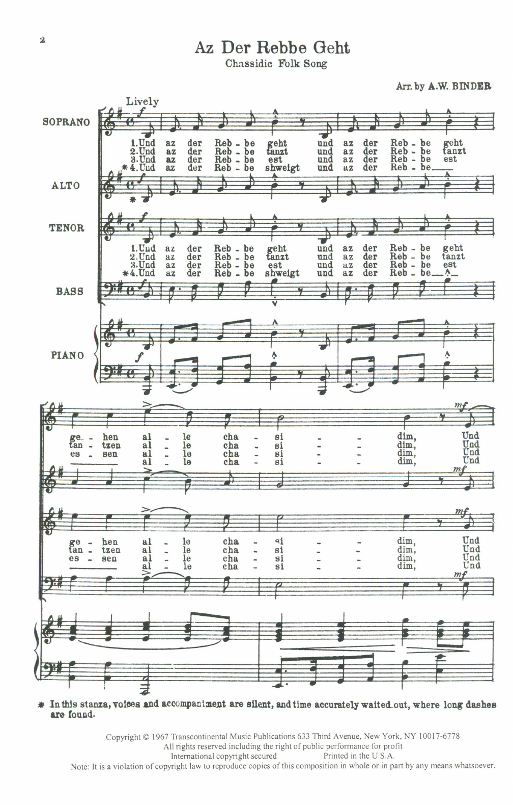 Chassidic Folk Song Az Der Rebbe Geht (arr. A.W. Binder) Sheet Music Notes & Chords for SATB Choir - Download or Print PDF