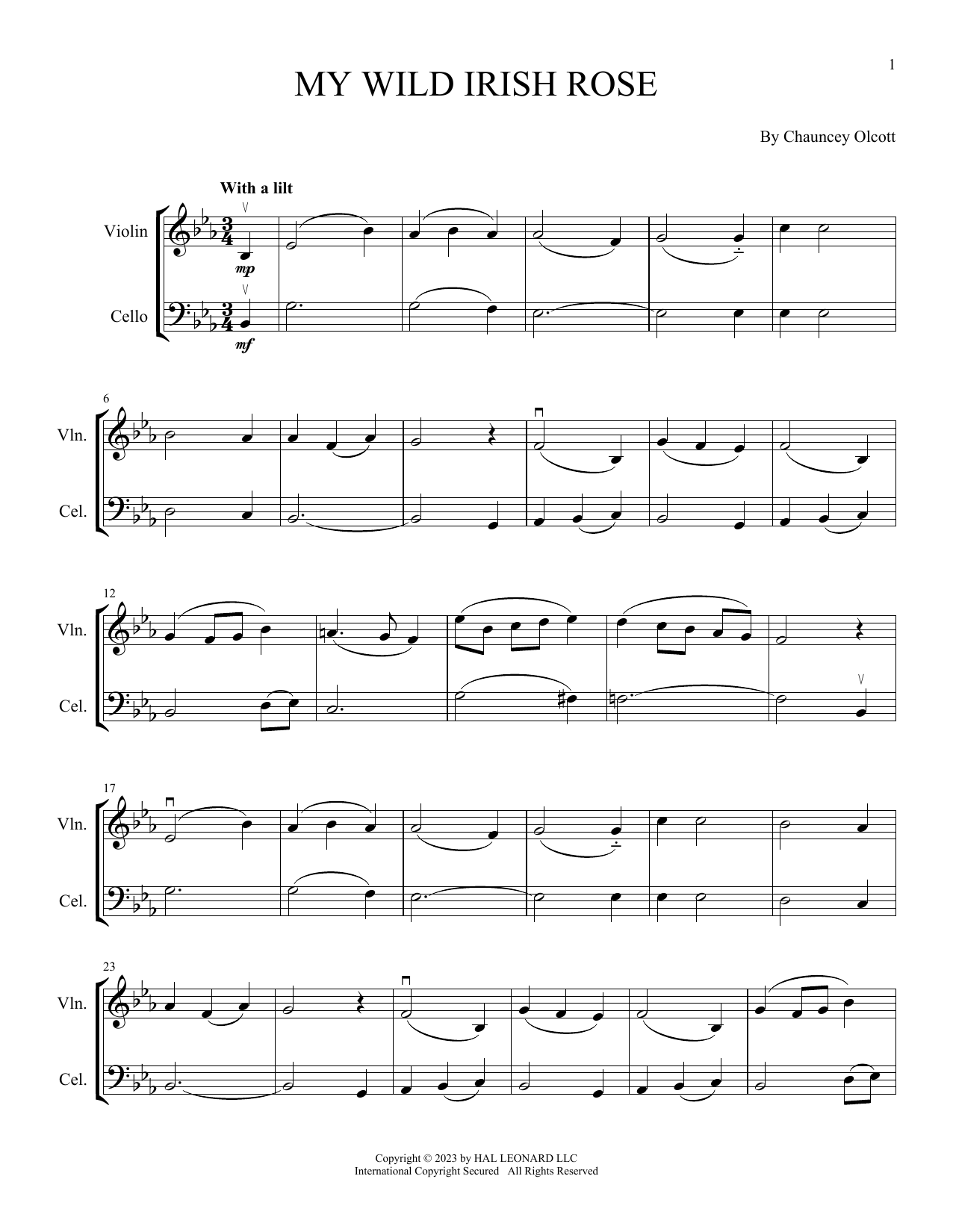 Chauncey Olcott My Wild Irish Rose (arr. Michelle Hynson) Sheet Music Notes & Chords for Instrumental Duet - Download or Print PDF