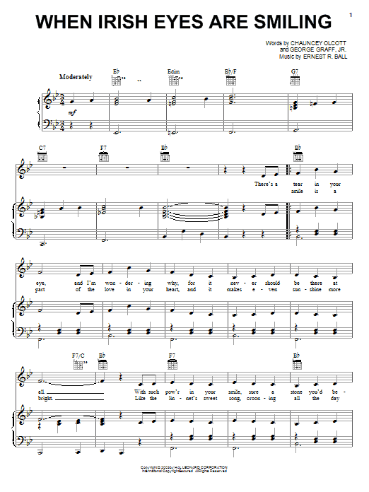 Preview Chauncey Olcott When Irish Eyes Are Smiling World sheet music, notes and chords for Piano, Vocal & Guitar (Right-Hand Melody), SKU: 25962 When Irish Eyes Are Smiling sheet music