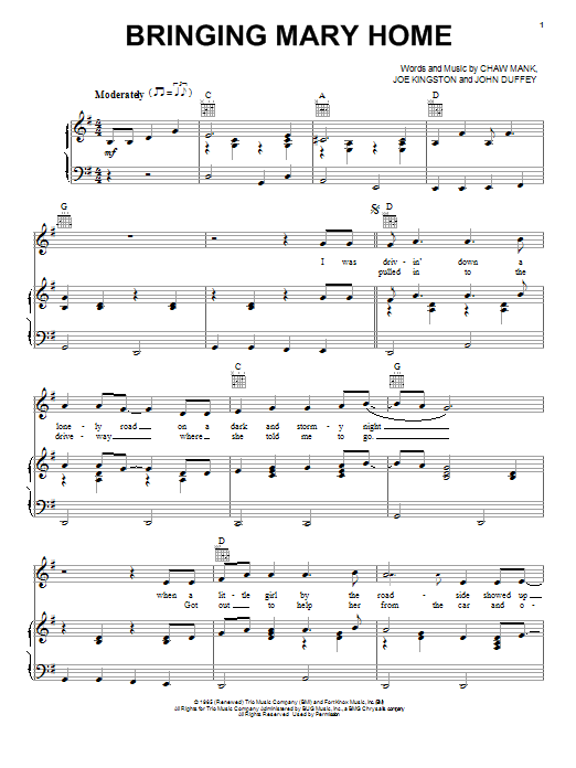 Chaw Mank Bringing Mary Home Sheet Music Notes & Chords for Piano, Vocal & Guitar (Right-Hand Melody) - Download or Print PDF