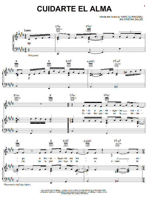 Chayanne Cuidarte El Alma Sheet Music Notes & Chords for Piano, Vocal & Guitar (Right-Hand Melody) - Download or Print PDF