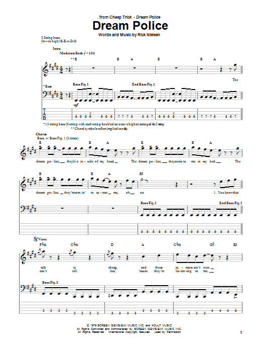 Cheap Trick Dream Police Sheet Music Notes & Chords for Bass Guitar Tab - Download or Print PDF