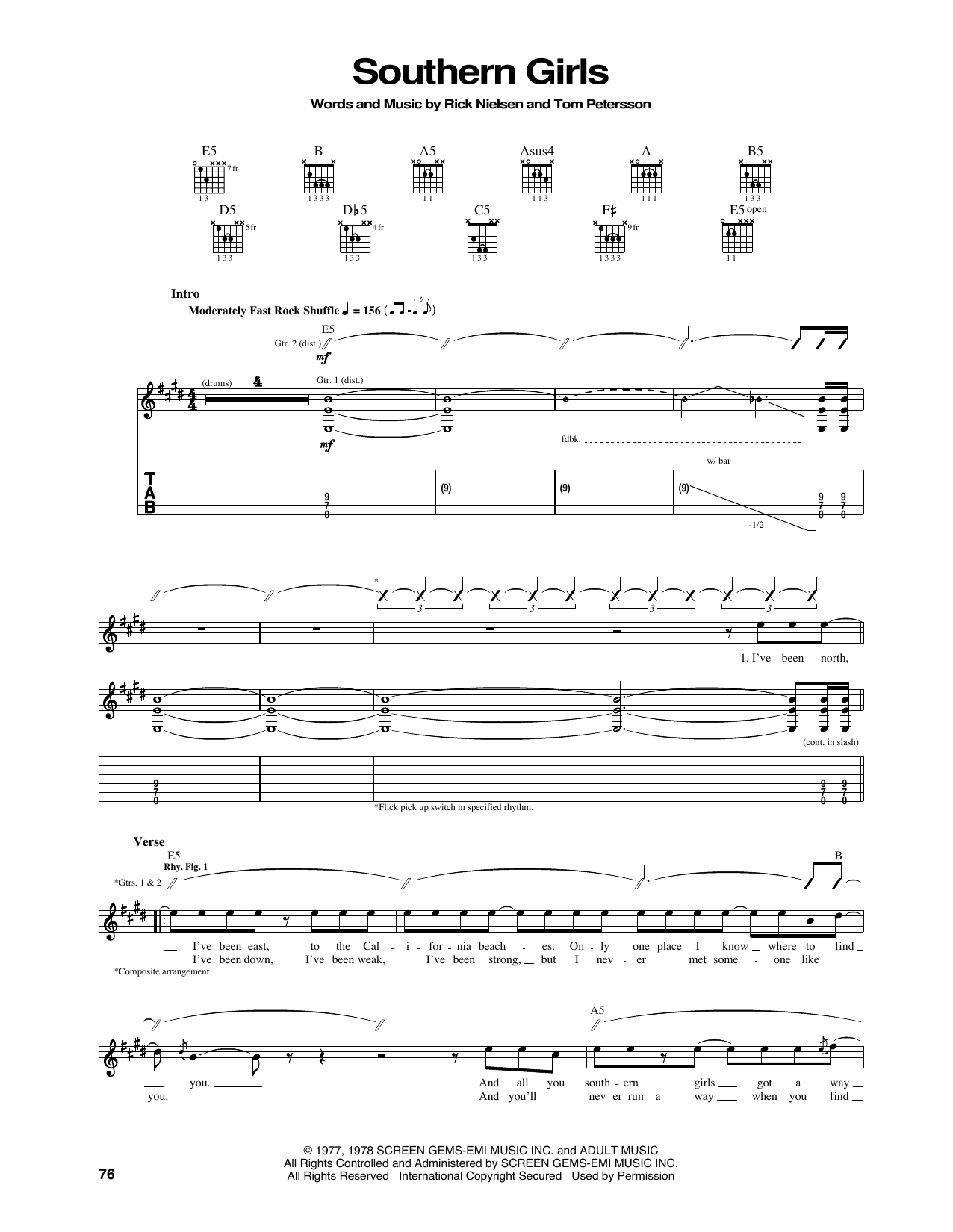 Cheap Trick Southern Girls Sheet Music Notes & Chords for Guitar Tab - Download or Print PDF