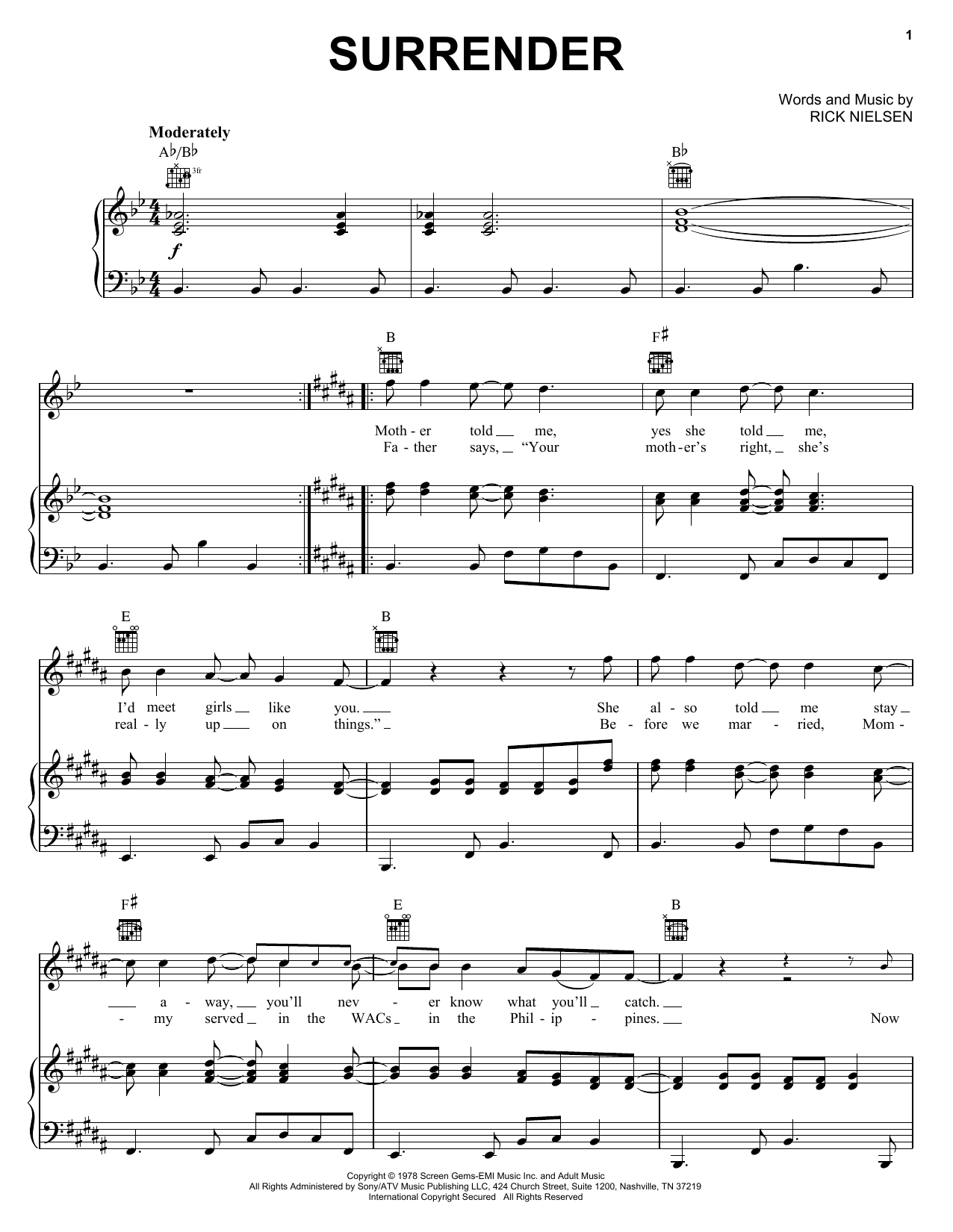 Cheap Trick Surrender Sheet Music Notes & Chords for Lyrics & Piano Chords - Download or Print PDF