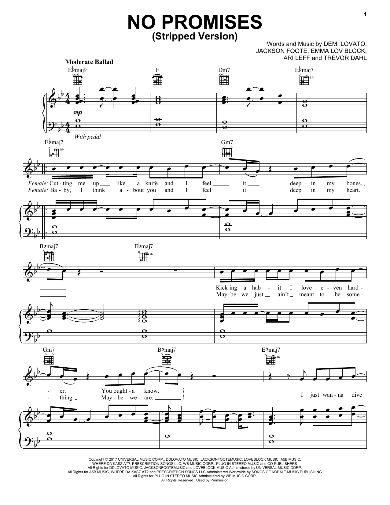 Cheat Codes feat. Demi Lovato No Promises Sheet Music Notes & Chords for Piano, Vocal & Guitar (Right-Hand Melody) - Download or Print PDF