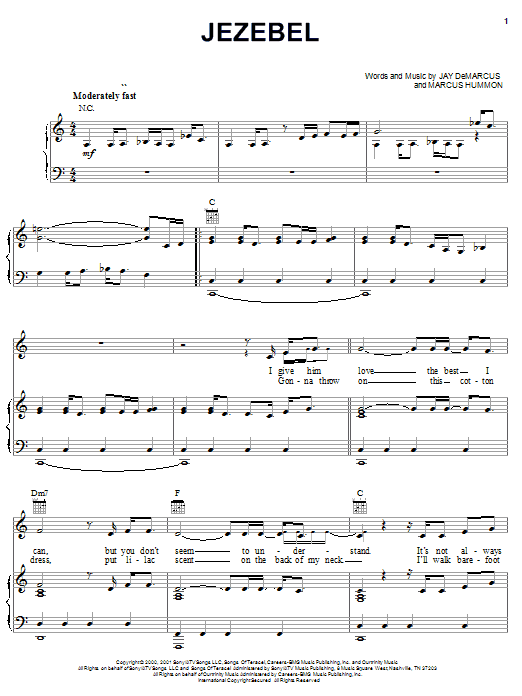 Chely Wright Jezebel Sheet Music Notes & Chords for Piano, Vocal & Guitar (Right-Hand Melody) - Download or Print PDF