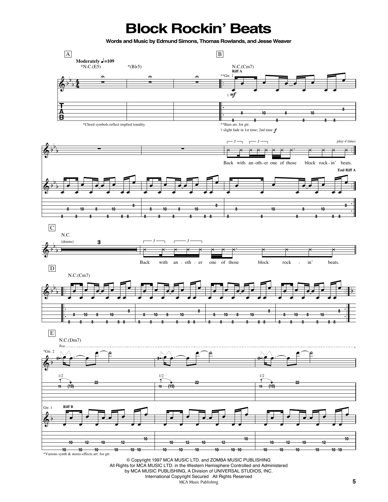 Chemical Brothers Block Rockin' Beats Sheet Music Notes & Chords for Guitar Tab - Download or Print PDF