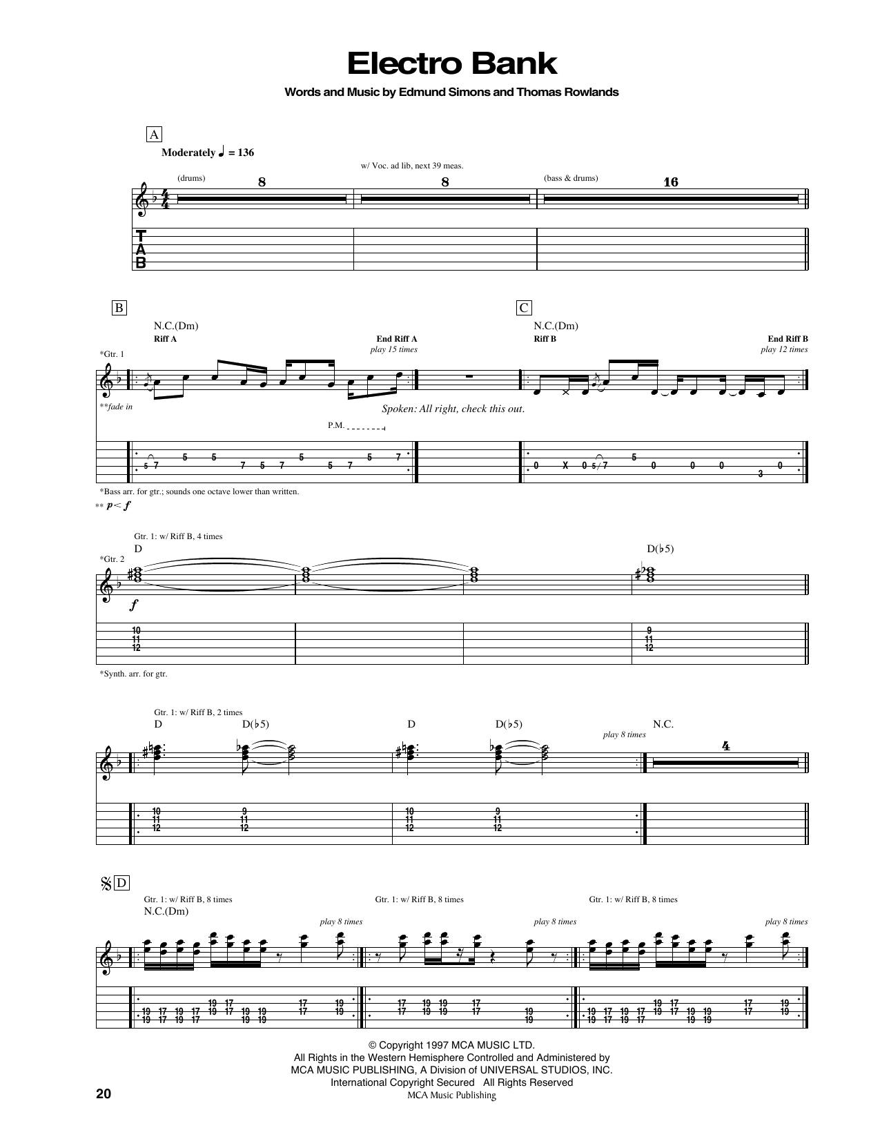 Chemical Brothers Electro Bank Sheet Music Notes & Chords for Guitar Tab - Download or Print PDF
