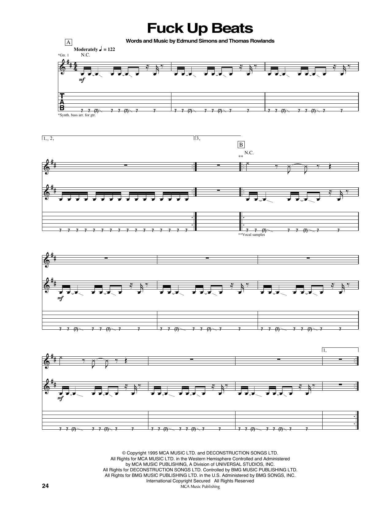 Chemical Brothers Fuck Up Beats Sheet Music Notes & Chords for Guitar Tab - Download or Print PDF