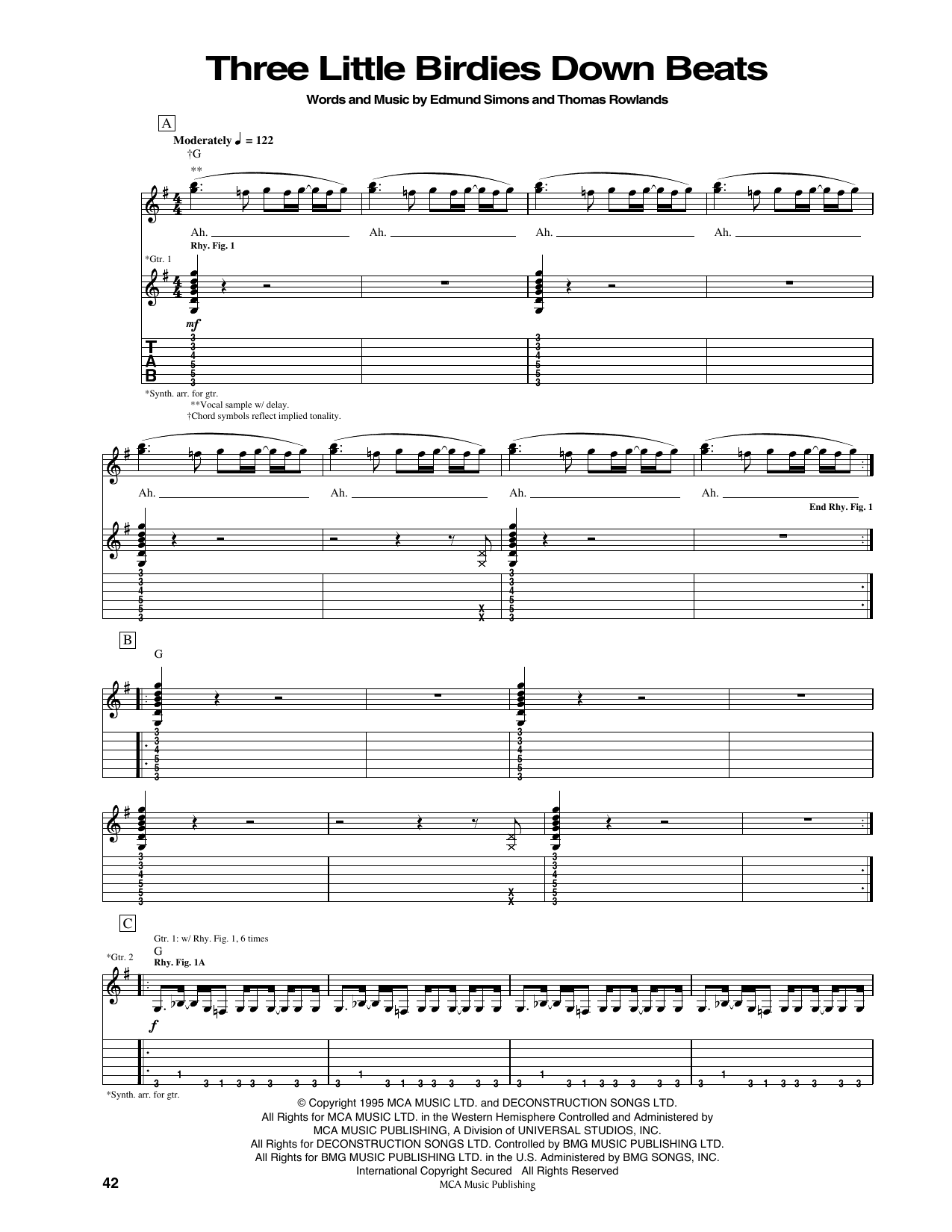Chemical Brothers Three Little Birdies Down Beats Sheet Music Notes & Chords for Guitar Tab - Download or Print PDF