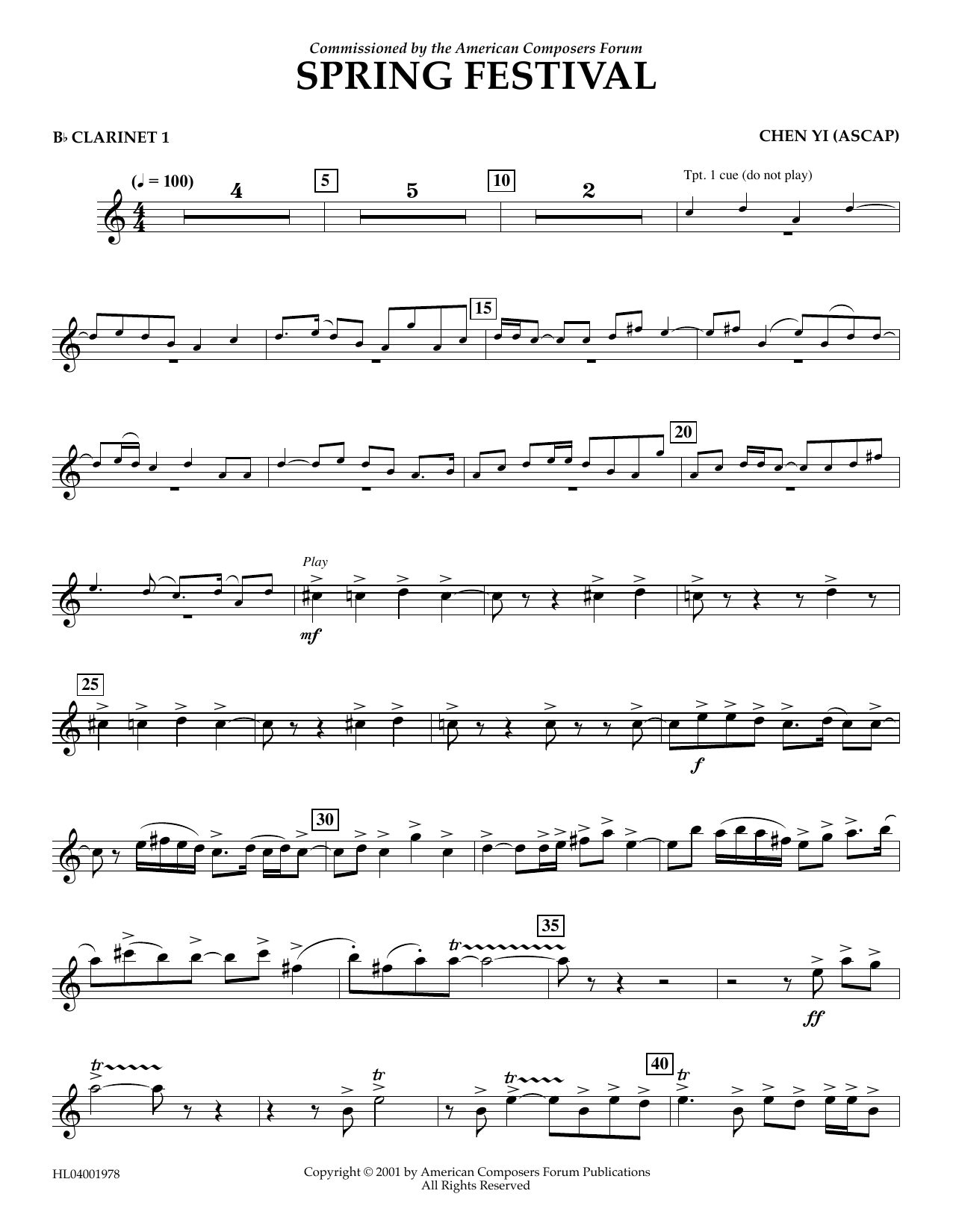 Chen Yi Spring Festival - Bb Clarinet 1 Sheet Music Notes & Chords for Concert Band - Download or Print PDF