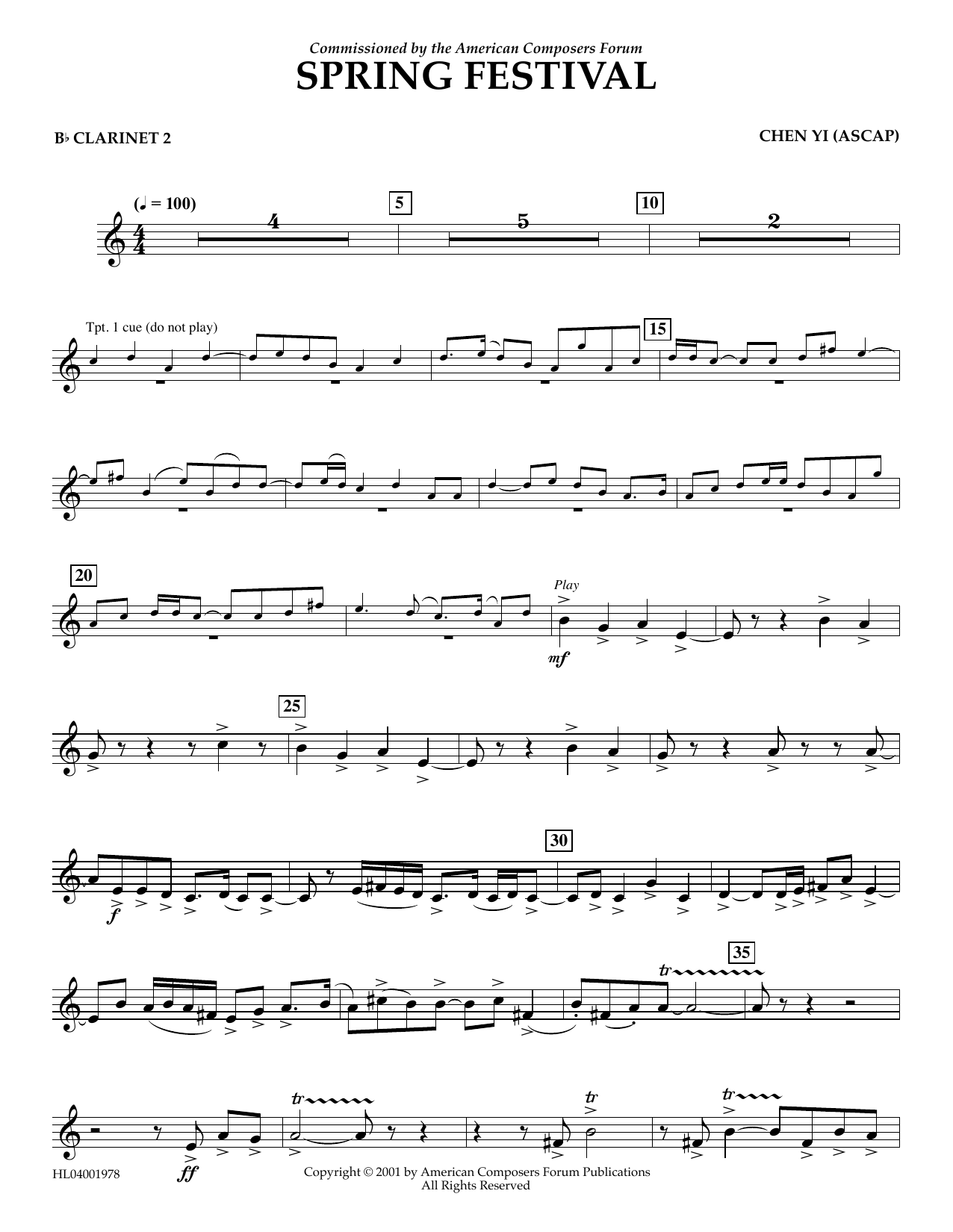 Chen Yi Spring Festival - Bb Clarinet 2 Sheet Music Notes & Chords for Concert Band - Download or Print PDF