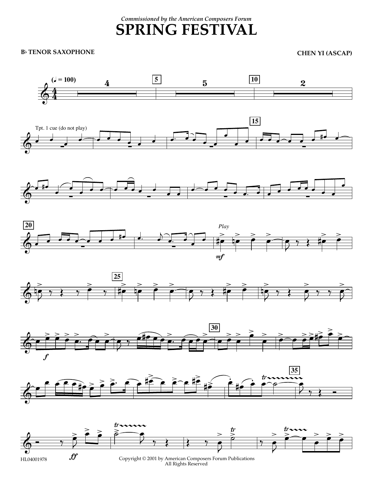 Chen Yi Spring Festival - Bb Tenor Saxophone Sheet Music Notes & Chords for Concert Band - Download or Print PDF