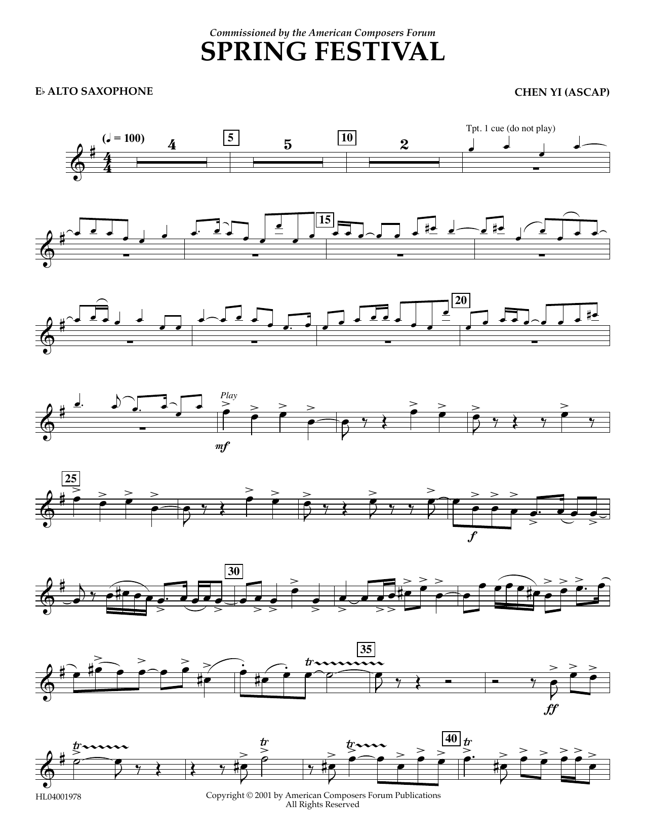 Chen Yi Spring Festival - Eb Alto Saxophone Sheet Music Notes & Chords for Concert Band - Download or Print PDF Chen Yi Spring Festival - Eb Alto Saxophone Sheet Music Notes & Chords for Concert Band - Download or Print PDF