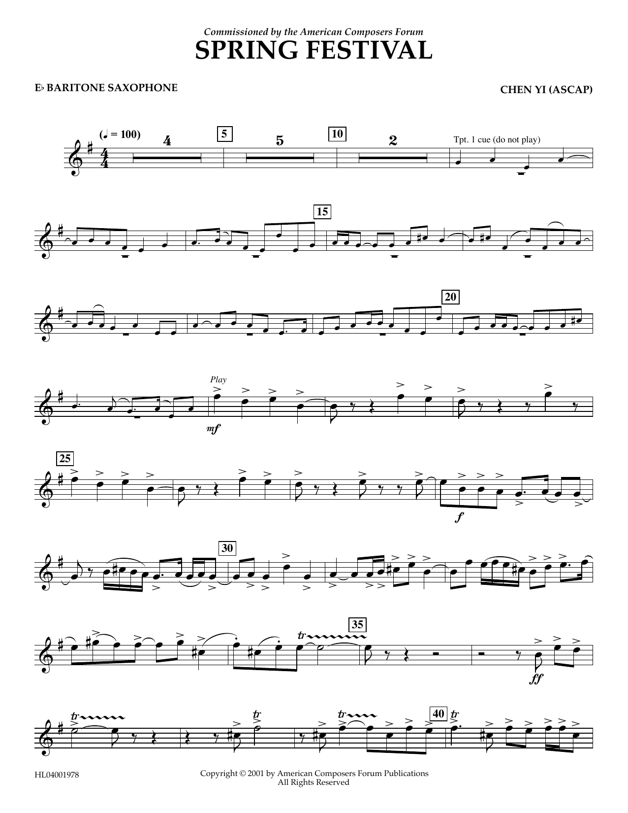 Chen Yi Spring Festival - Eb Baritone Saxophone Sheet Music Notes & Chords for Concert Band - Download or Print PDF