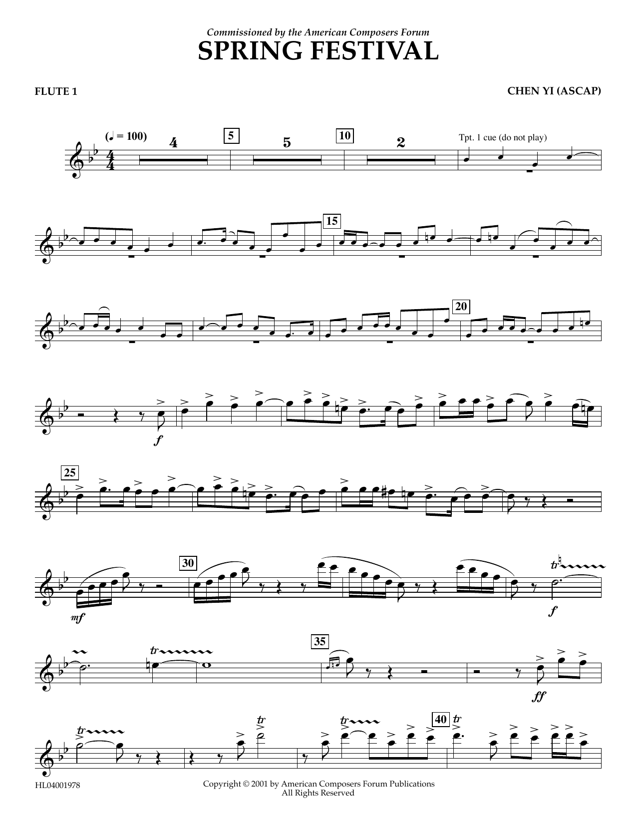 Chen Yi Spring Festival - Flute 1 Sheet Music Notes & Chords for Concert Band - Download or Print PDF