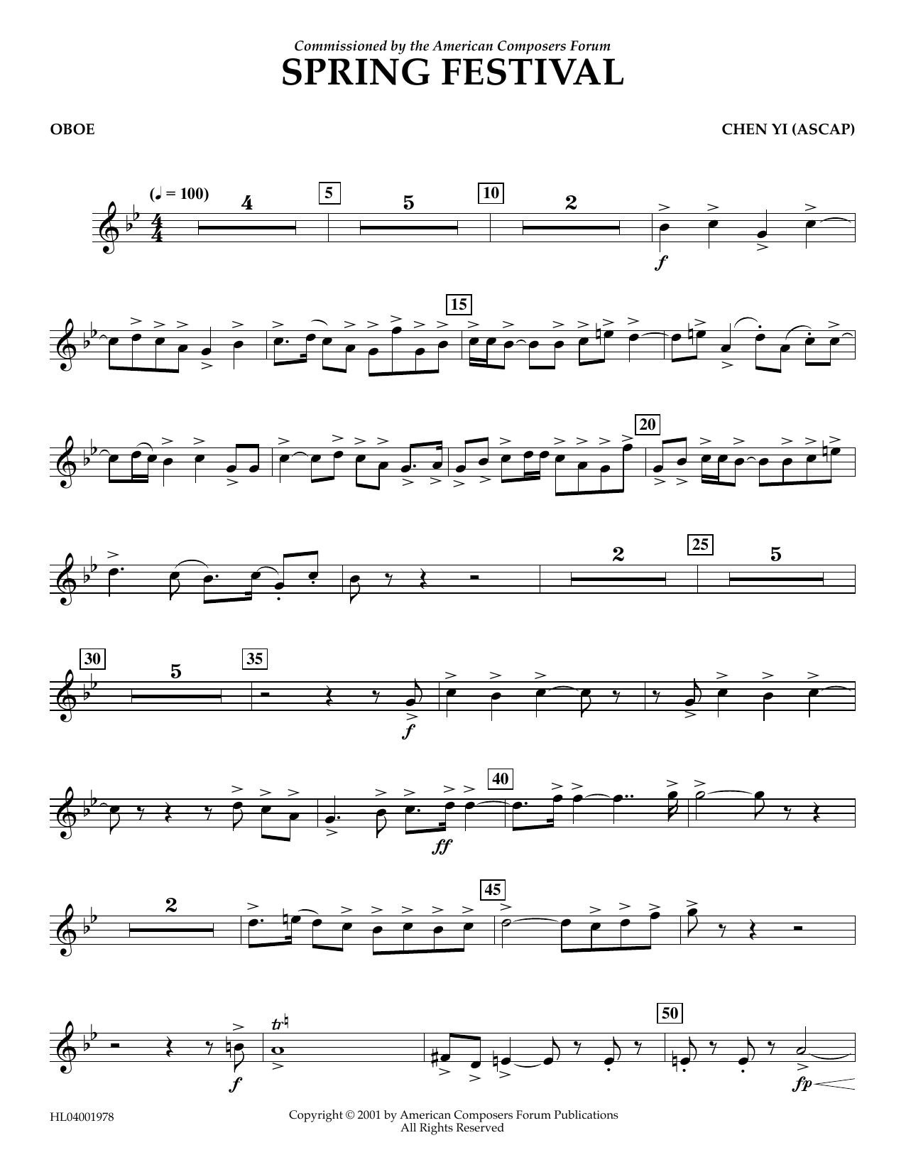 Chen Yi Spring Festival - Oboe Sheet Music Notes & Chords for Concert Band - Download or Print PDF