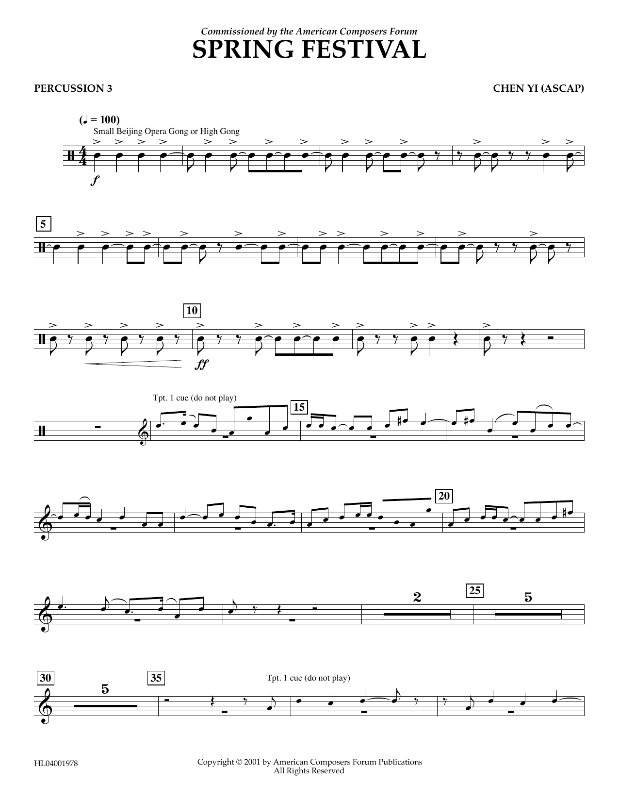 Chen Yi Spring Festival - Percussion 3 Sheet Music Notes & Chords for Concert Band - Download or Print PDF