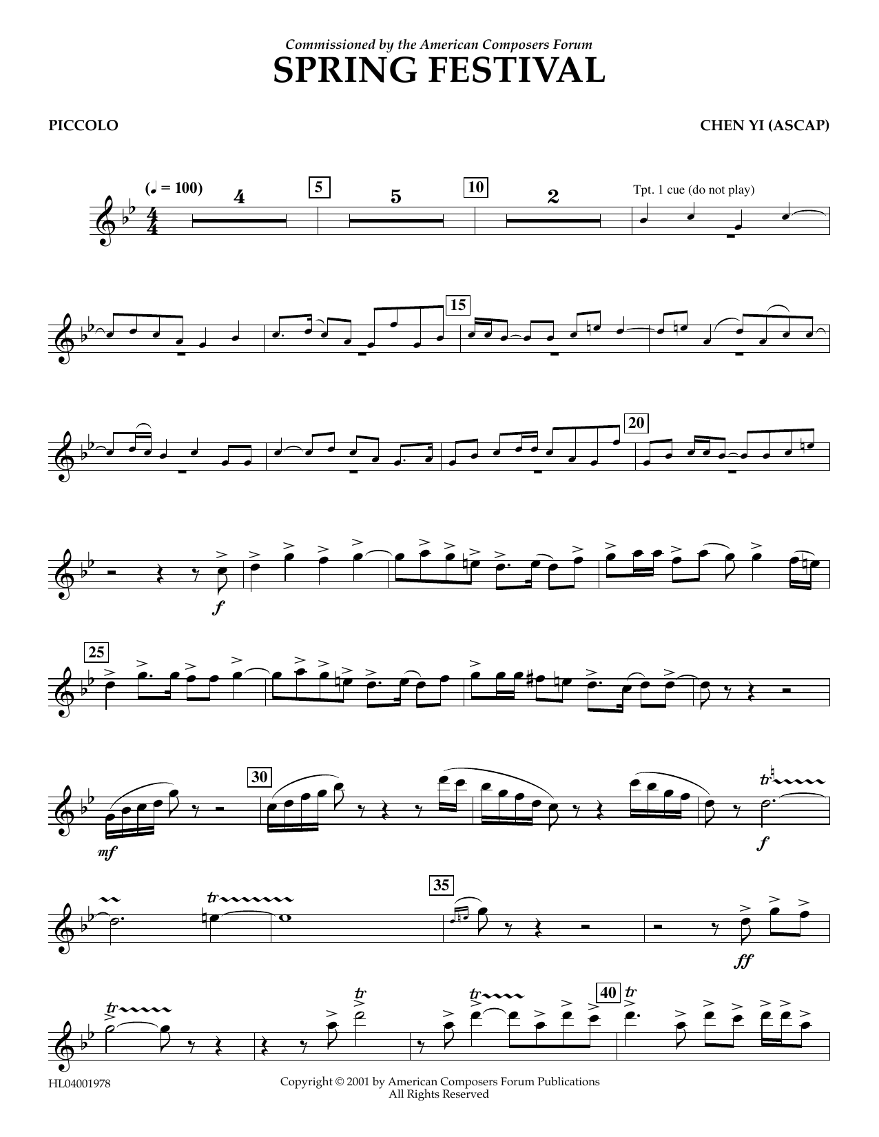 Chen Yi Spring Festival - Piccolo Sheet Music Notes & Chords for Concert Band - Download or Print PDF